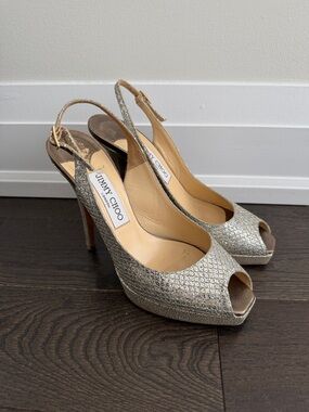 Jimmy Choo silver/gold peeptoe slingback 37
